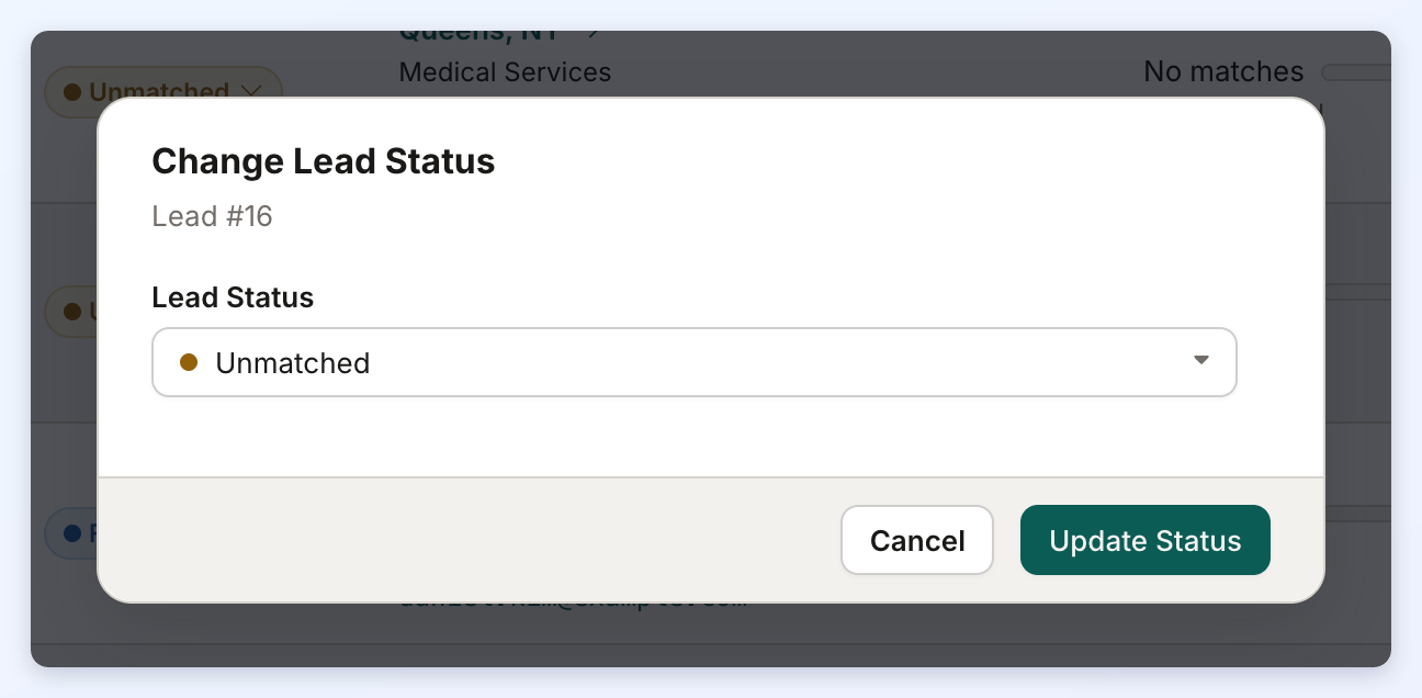 The Change Lead Status window with a Lead Status menu and the Cancel and Update Status buttons.