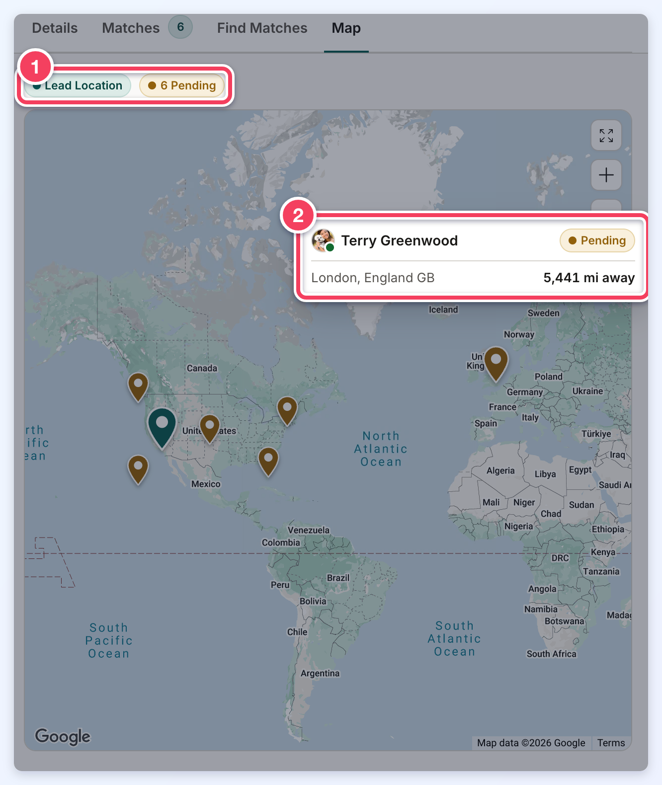 The lead drawer's Map tab with the pin group chips numbered 1 and a member's pin card showing name, Pending status, London location and 5,441 mi away numbered 2.