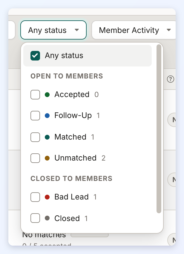 The Any status filter open, with statuses grouped under Open to Members and Closed to Members and a lead count beside each.