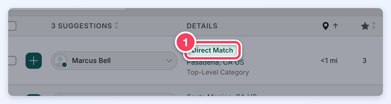 A suggested member listed first on the Find Matches tab with a Direct Match tag, numbered 1.