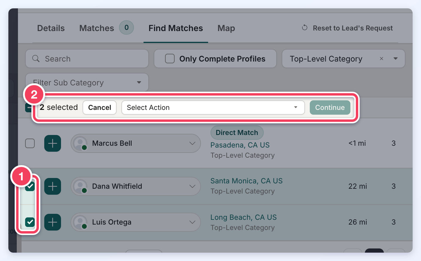The Find Matches tab with two suggested members ticked, numbered 1, and the bar showing 2 selected, Cancel, Select Action and Continue, numbered 2.