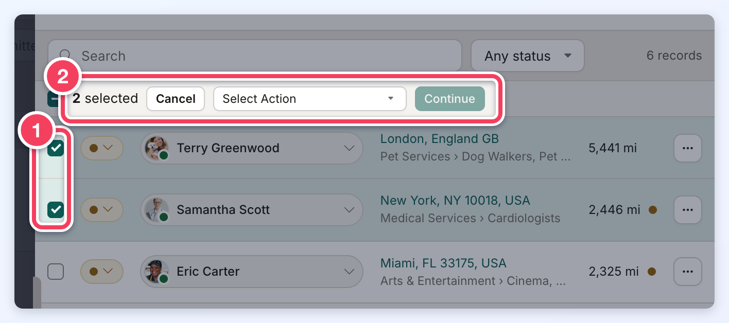 The Matches tab with two matched members ticked, numbered 1, and the bar showing 2 selected, Cancel, Select Action and Continue, numbered 2.