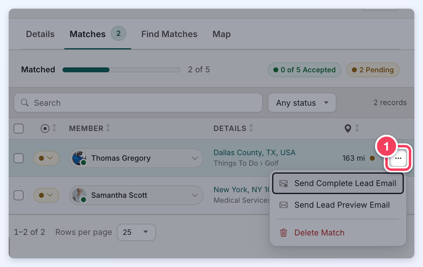 The Matches tab with a match's ... button numbered 1 and its menu open, offering Send Complete Lead Email, Send Lead Preview Email and Delete Match.