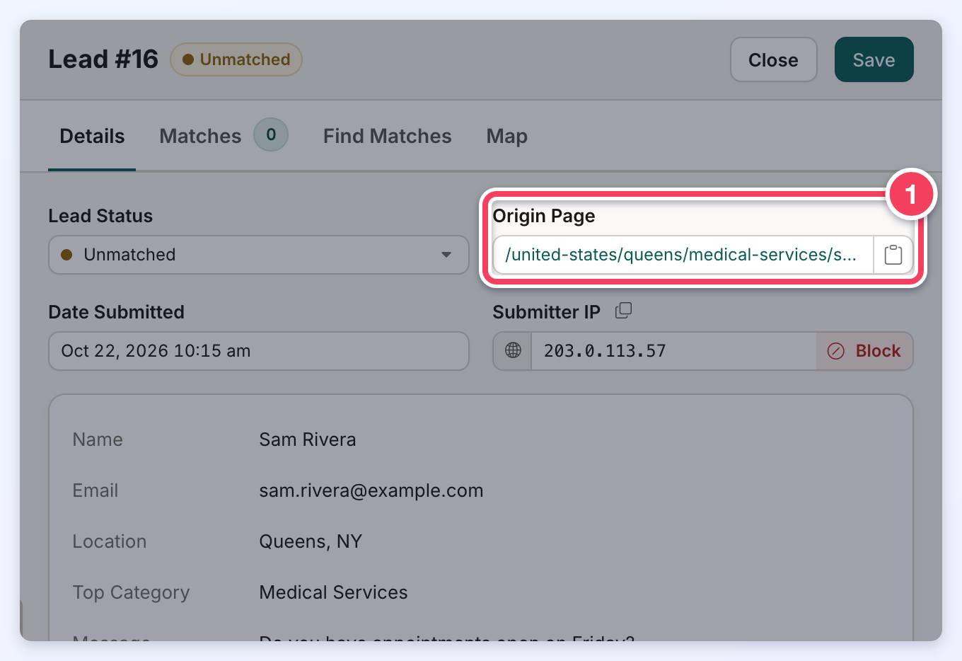 The Details tab of a member contact form lead, with the Origin Page field showing the contacted member's profile address numbered 1.