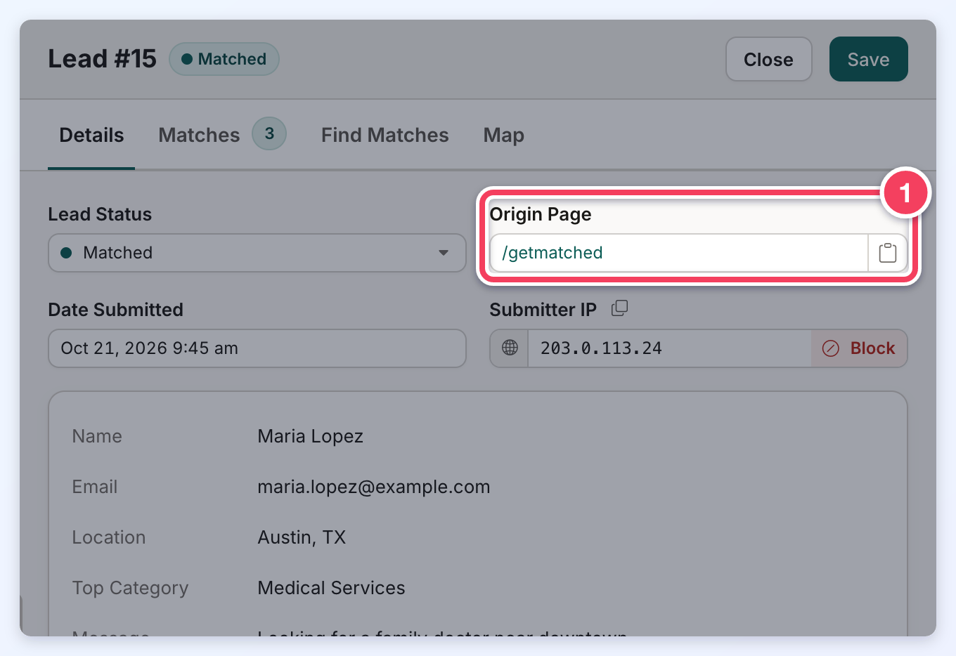 The Details tab of a Get Matched lead, with the Origin Page field showing /getmatched numbered 1.