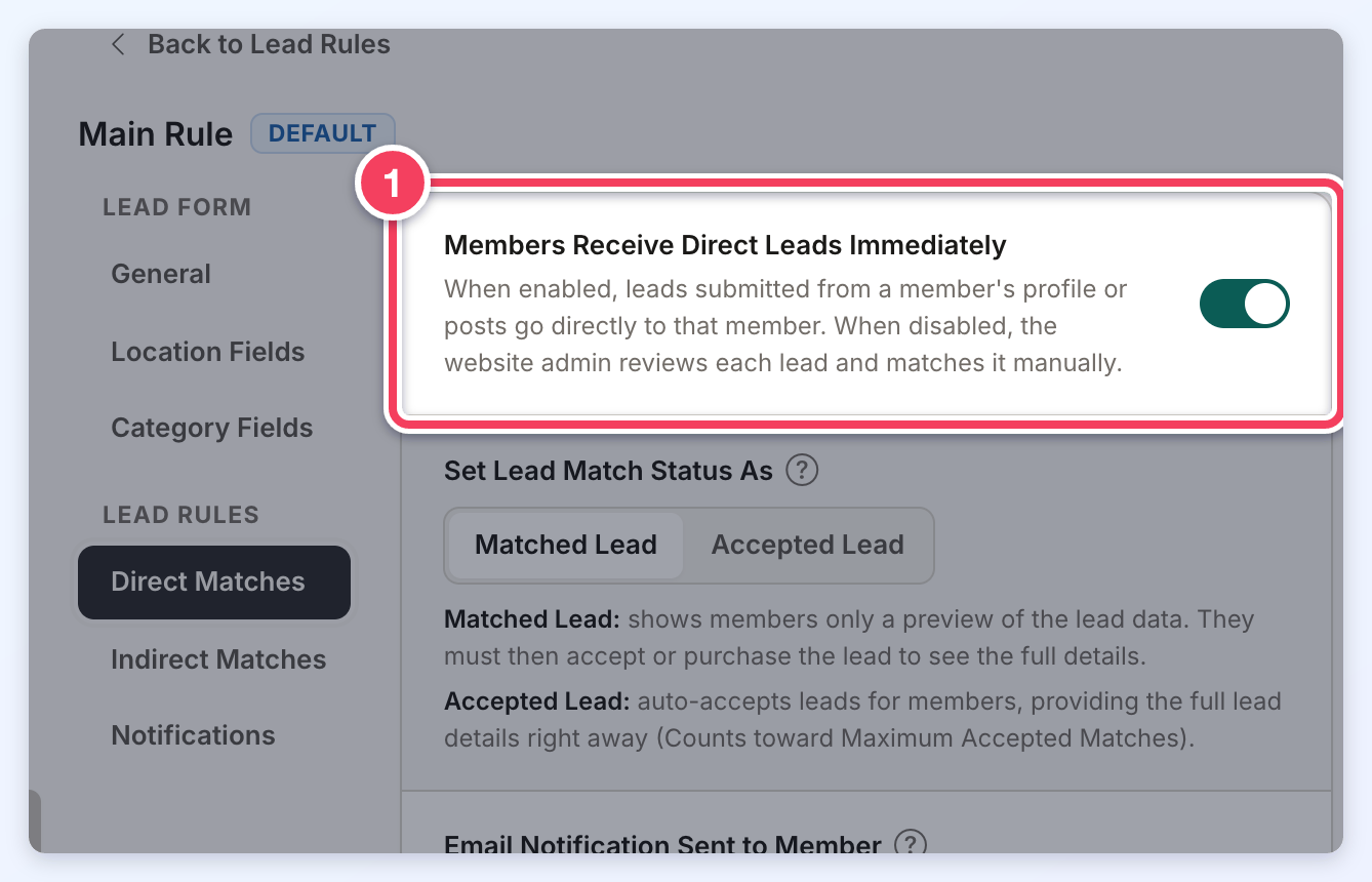 The Main Rule's Direct Matches section with Members Receive Direct Leads Immediately numbered 1.