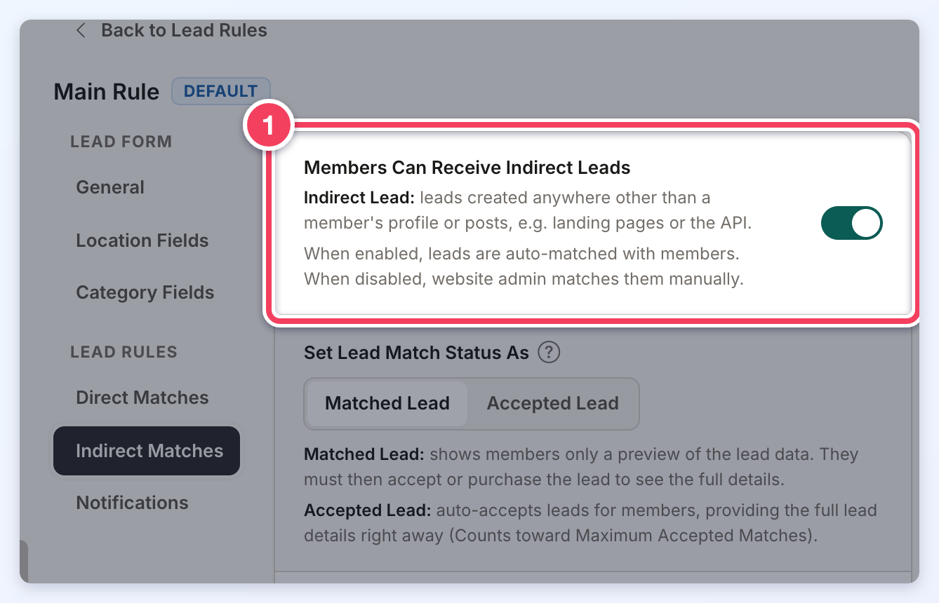 The Main Rule's Indirect Matches section with Members Can Receive Indirect Leads numbered 1.