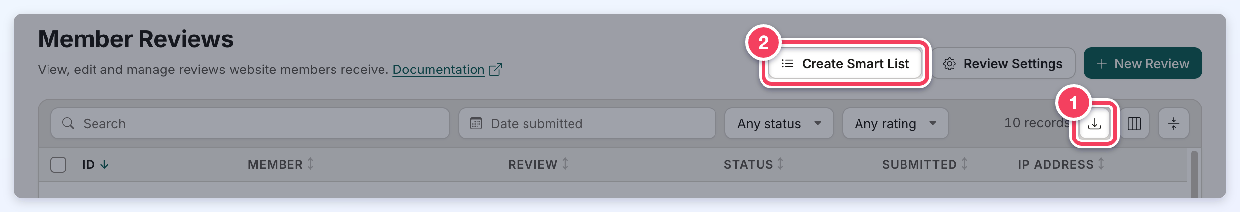 The Member Reviews page with the Export CSV download button numbered 1 and the Create Smart List button numbered 2.