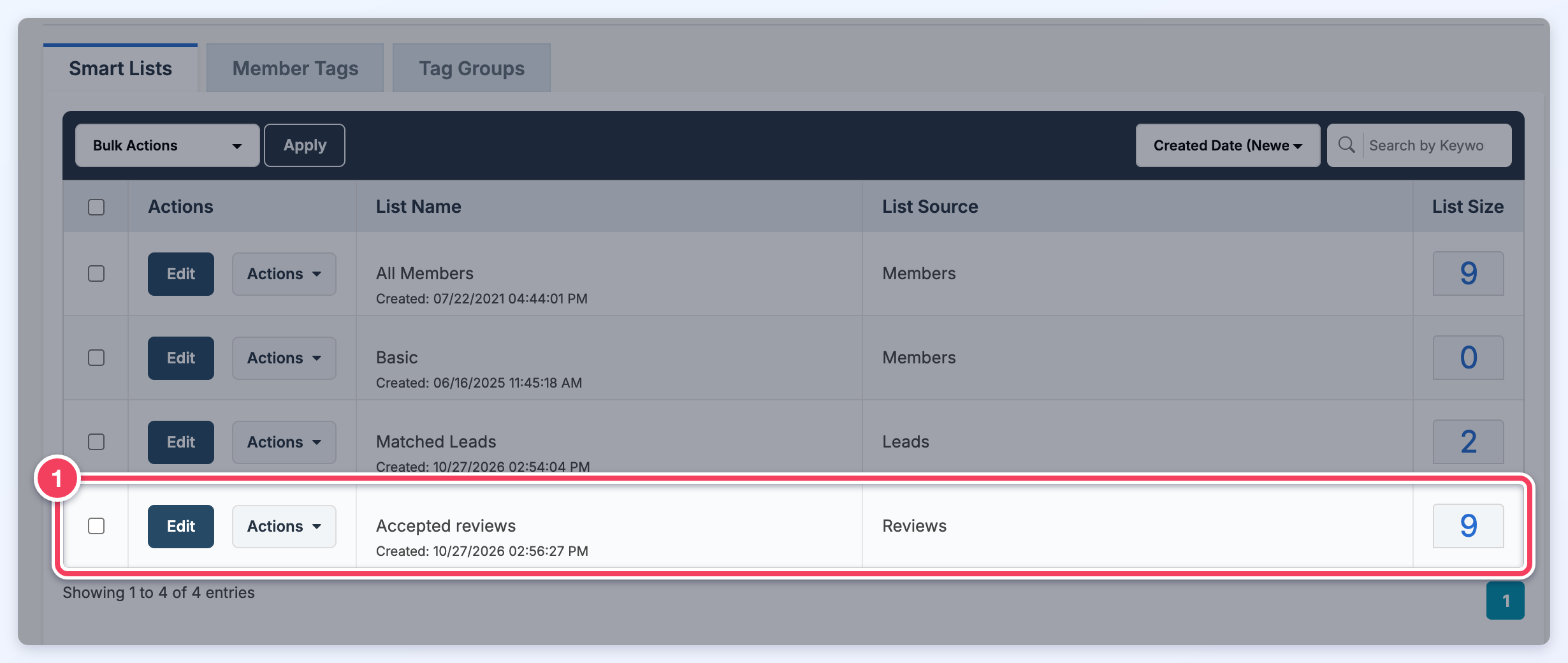 The Smart Lists & Tags page with a review smart list named Accepted reviews, whose list source is Reviews, numbered 1.
