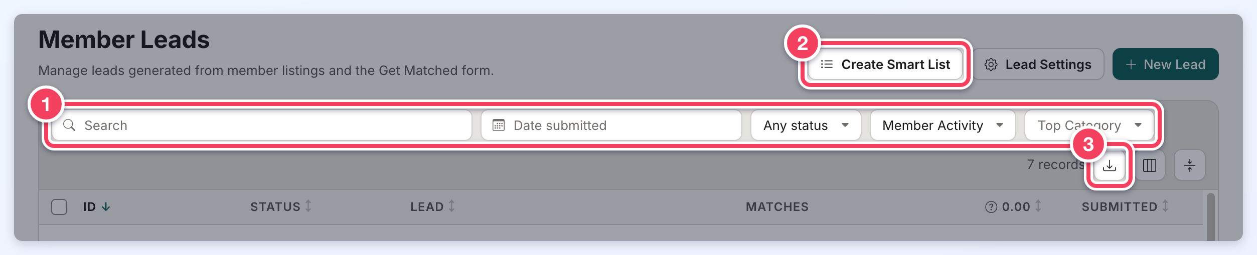 The Member Leads page with the search and filter bar numbered 1, the Create Smart List button numbered 2 and the download (Export CSV) button numbered 3.
