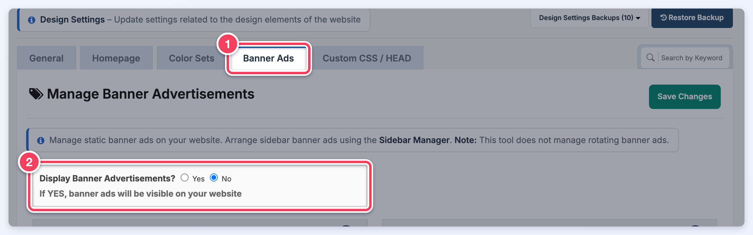 Design Settings with the Banner Ads tab and the Display Banner Advertisements? setting outlined.