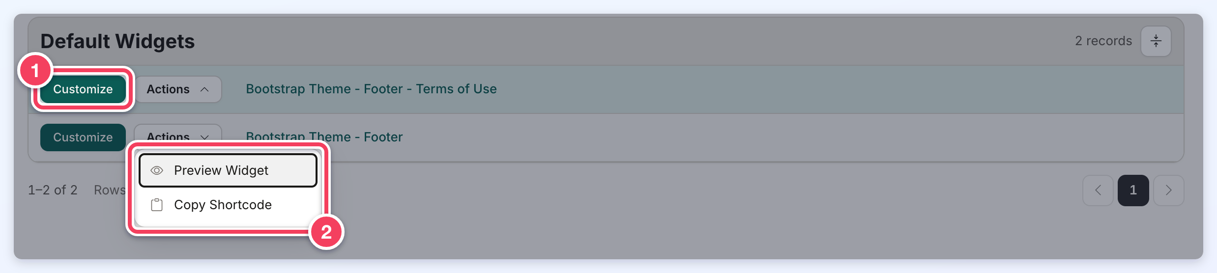 A Default Widgets row with the Customize button outlined and its Actions menu open, showing Preview Widget and Copy Shortcode.