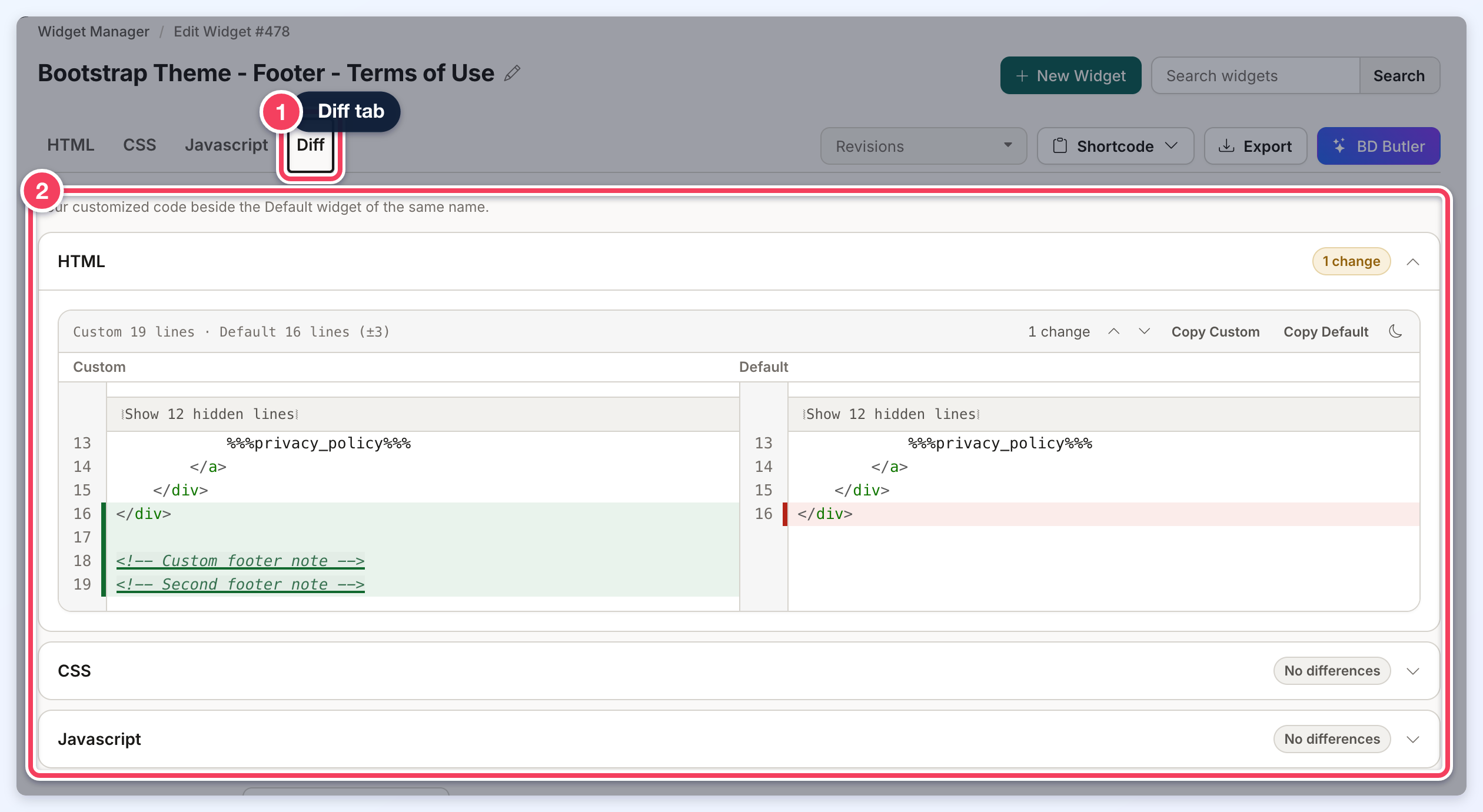The Diff tab of a custom widget, showing the custom HTML beside the Default widget's HTML with the changed lines highlighted, and CSS and Javascript marked No differences.