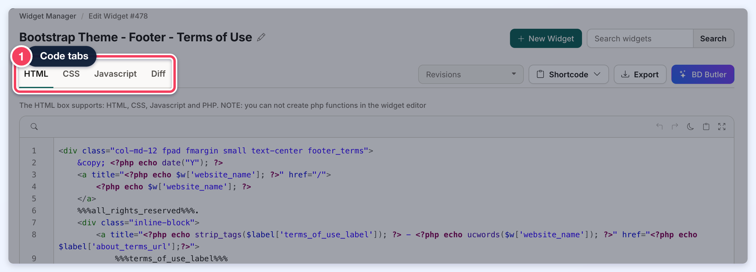 The widget editor for a custom widget with the HTML, CSS, Javascript and Diff tabs outlined.