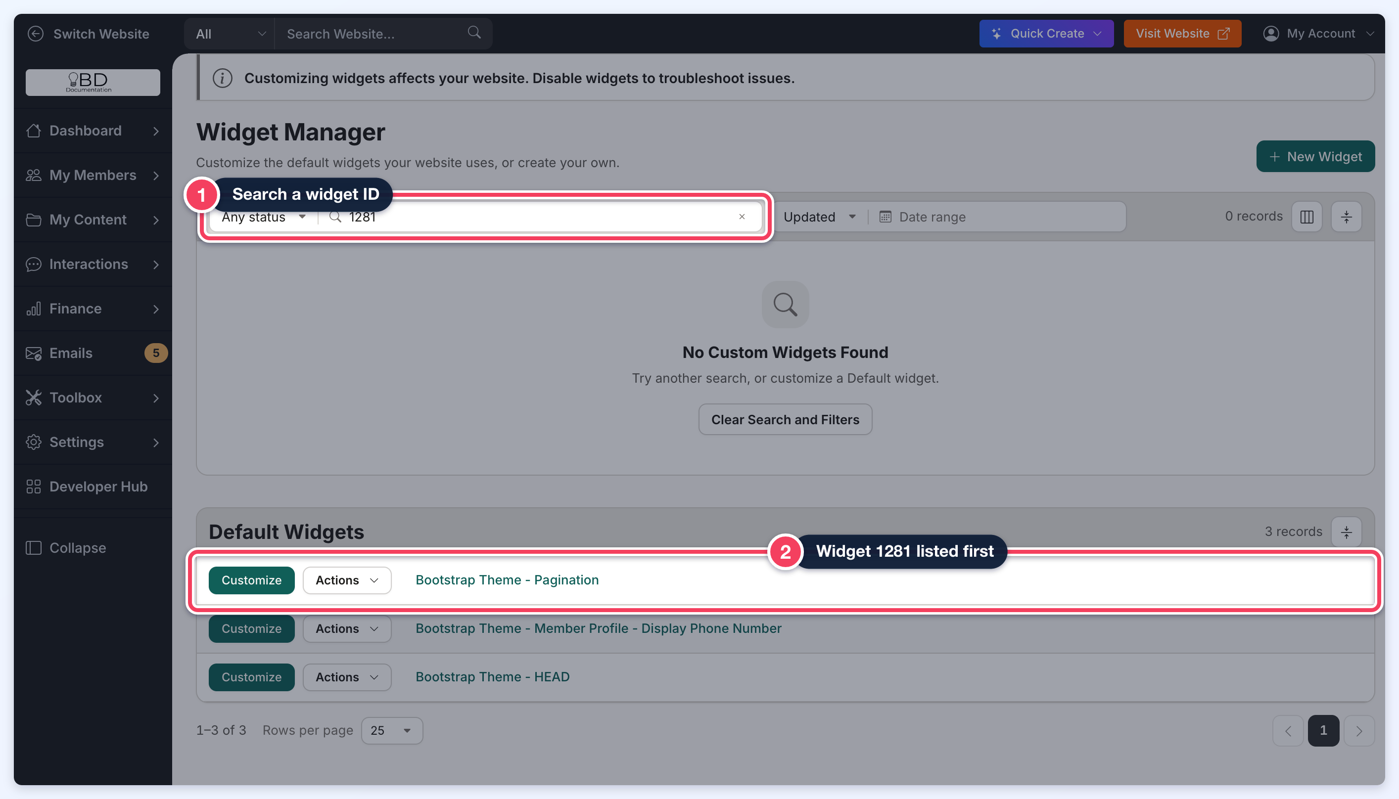 A search for the widget ID 1281 in the Widget Manager, with Bootstrap Theme - Pagination (widget 1281) listed as the first row of the Default Widgets table.