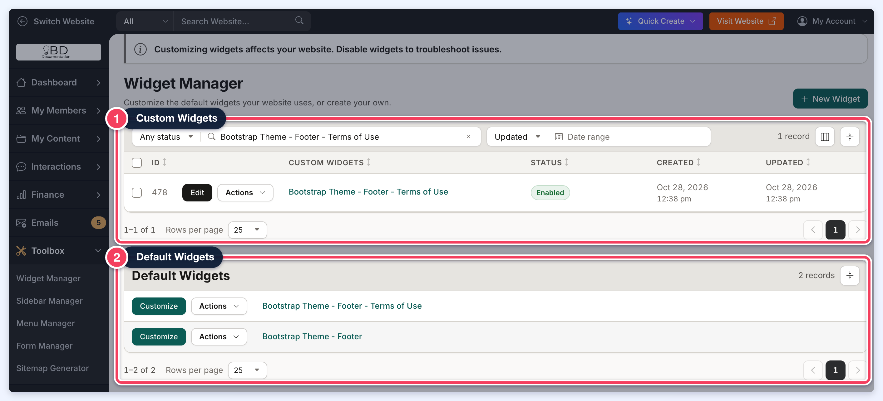Toolbox » Widget Manager filtered by a search for one widget name, with the Custom Widgets table and the Default Widgets table each outlined.