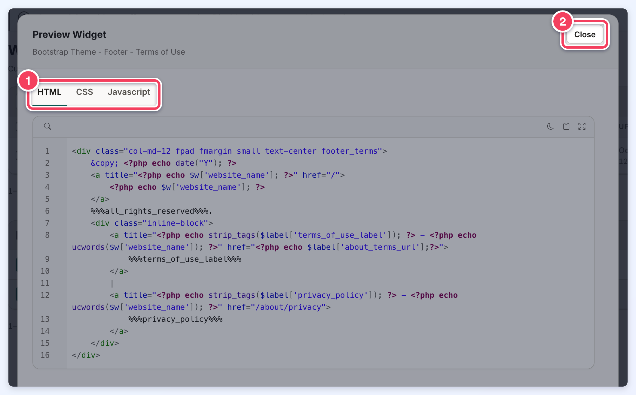 The Preview Widget popup showing a Default widget's HTML code read only, with the HTML, CSS and Javascript tabs and the Close button outlined.