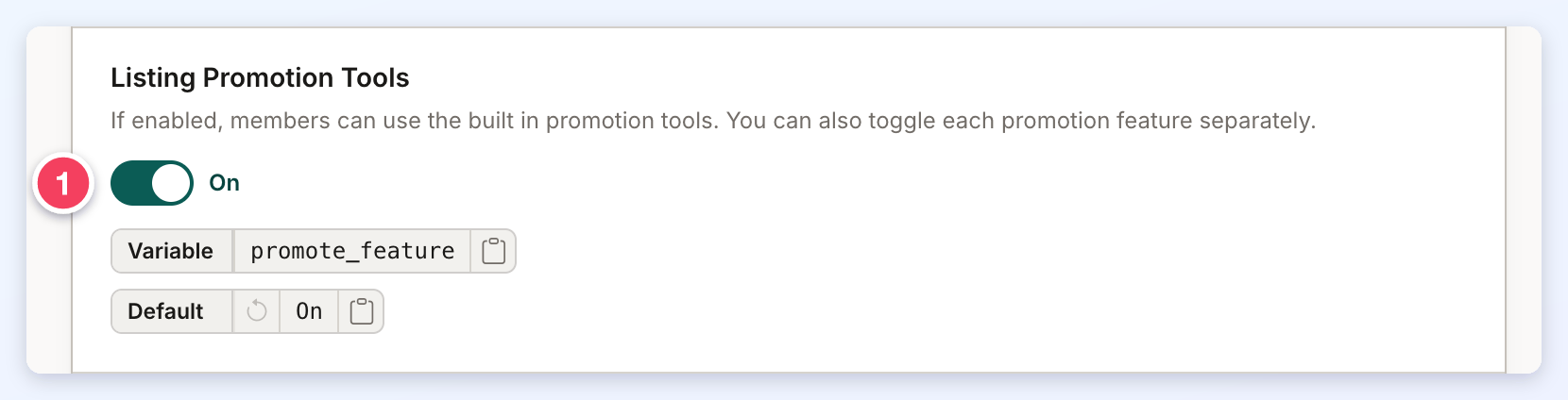 The Listing Promotion Tools switch (1) turned On.