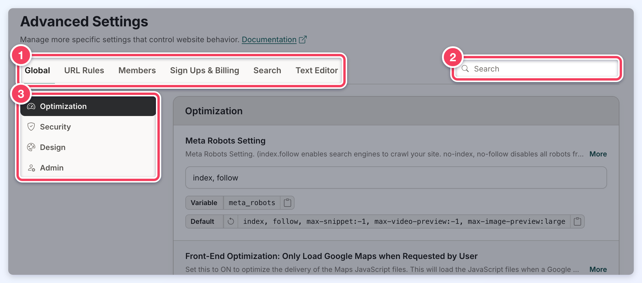 Advanced Settings in Admin Mode with the six group tabs (1), the Search box (2) and the Global tab's section list (3).