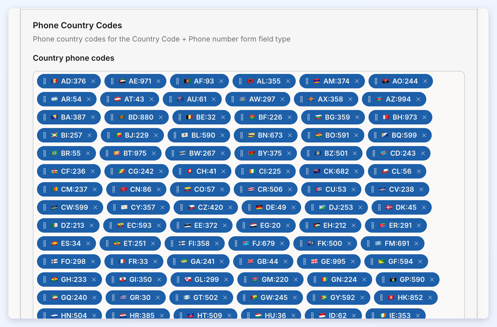 The top of the Phone Country Codes setting, showing its list of country phone codes.