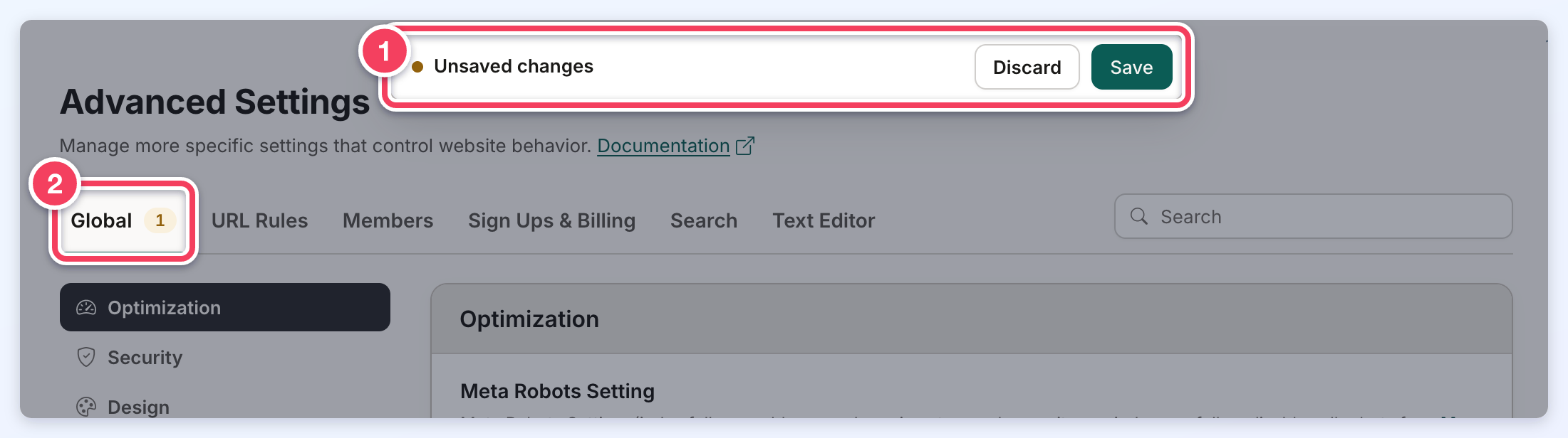 The Unsaved changes bar with Discard and Save (1) after a switch was changed, and the Global tab showing 1 changed setting (2).