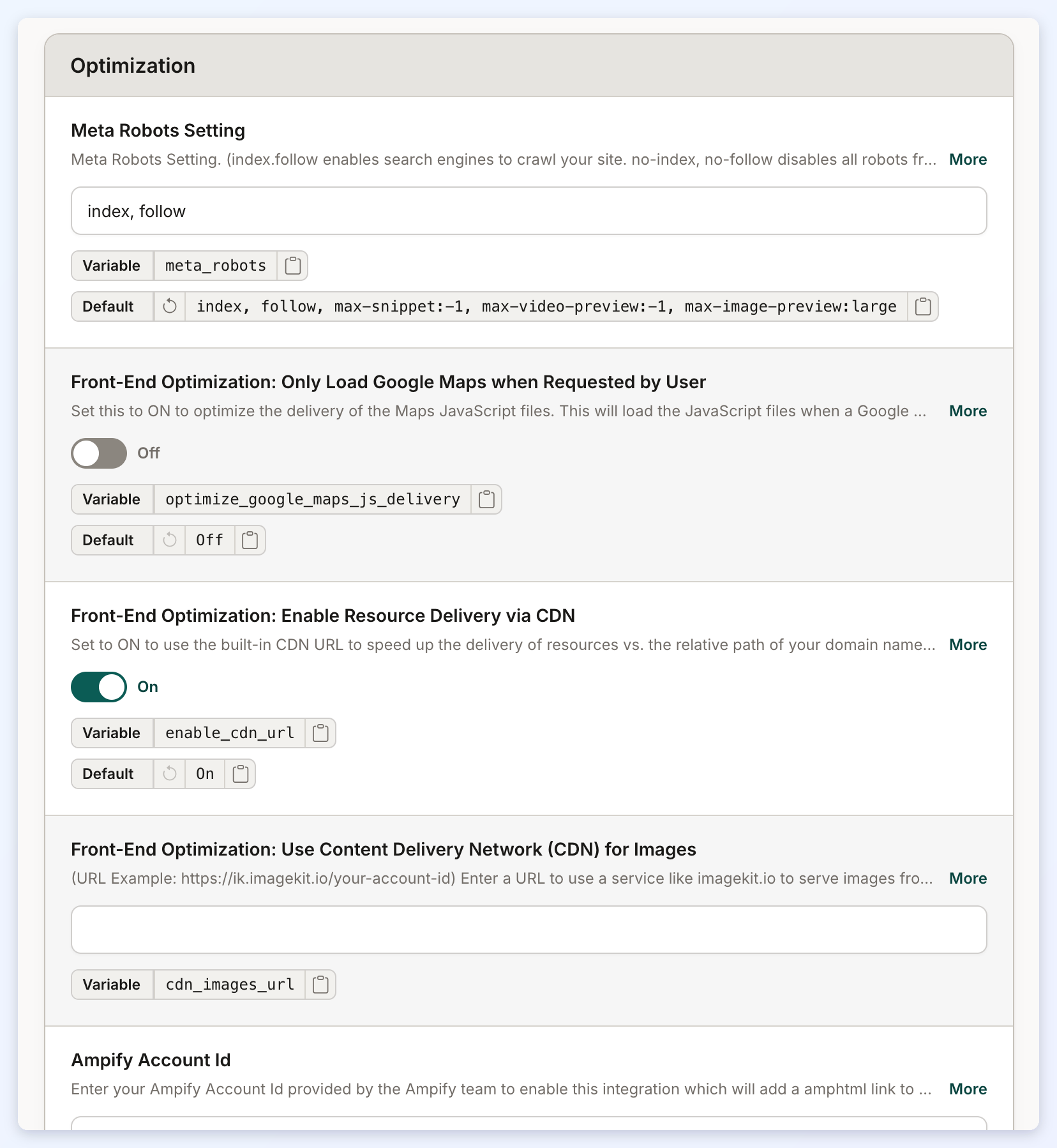 The top of the Optimization section, showing Meta Robots Setting and the first Front-End Optimization settings with their Variable and Default chips.