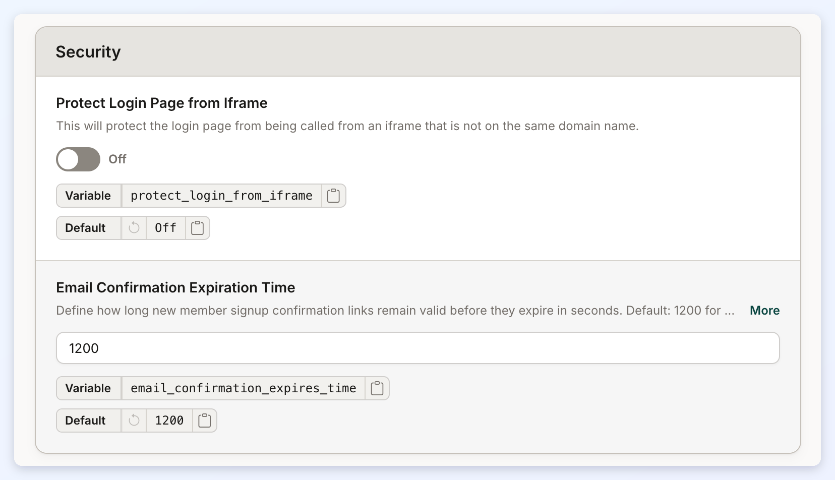 The Global Security section with Protect Login Page from Iframe and Email Confirmation Expiration Time.