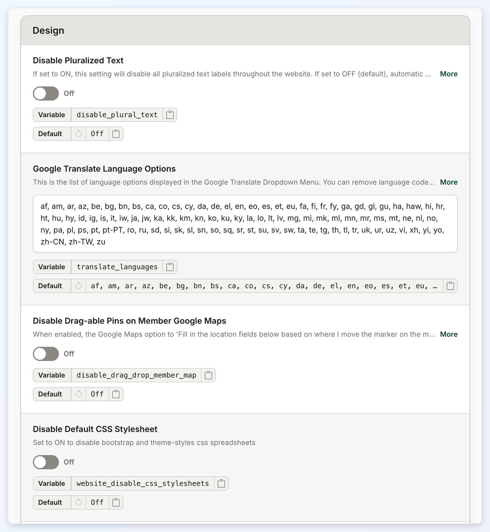 The top of the Design section of the Global tab, starting with Disable Pluralized Text and Google Translate Language Options.