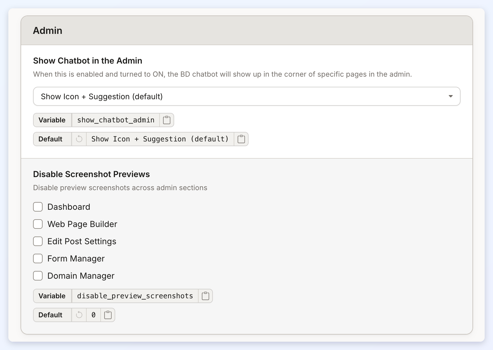 The Admin section of the Global tab with Show Chatbot in the Admin and Disable Screenshot Previews.