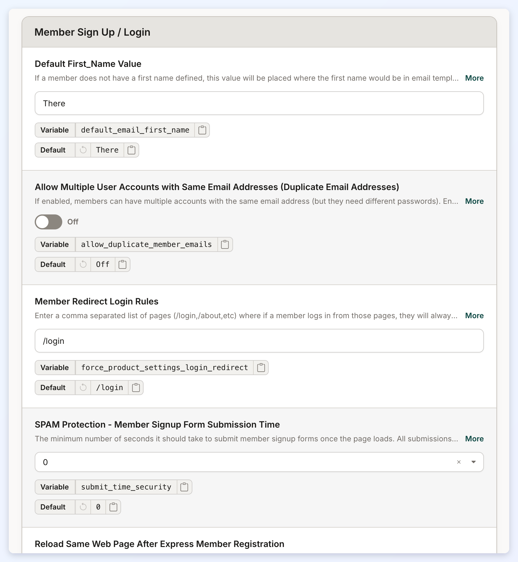 The top of the Member Sign Up / Login section, starting with Default First_Name Value.