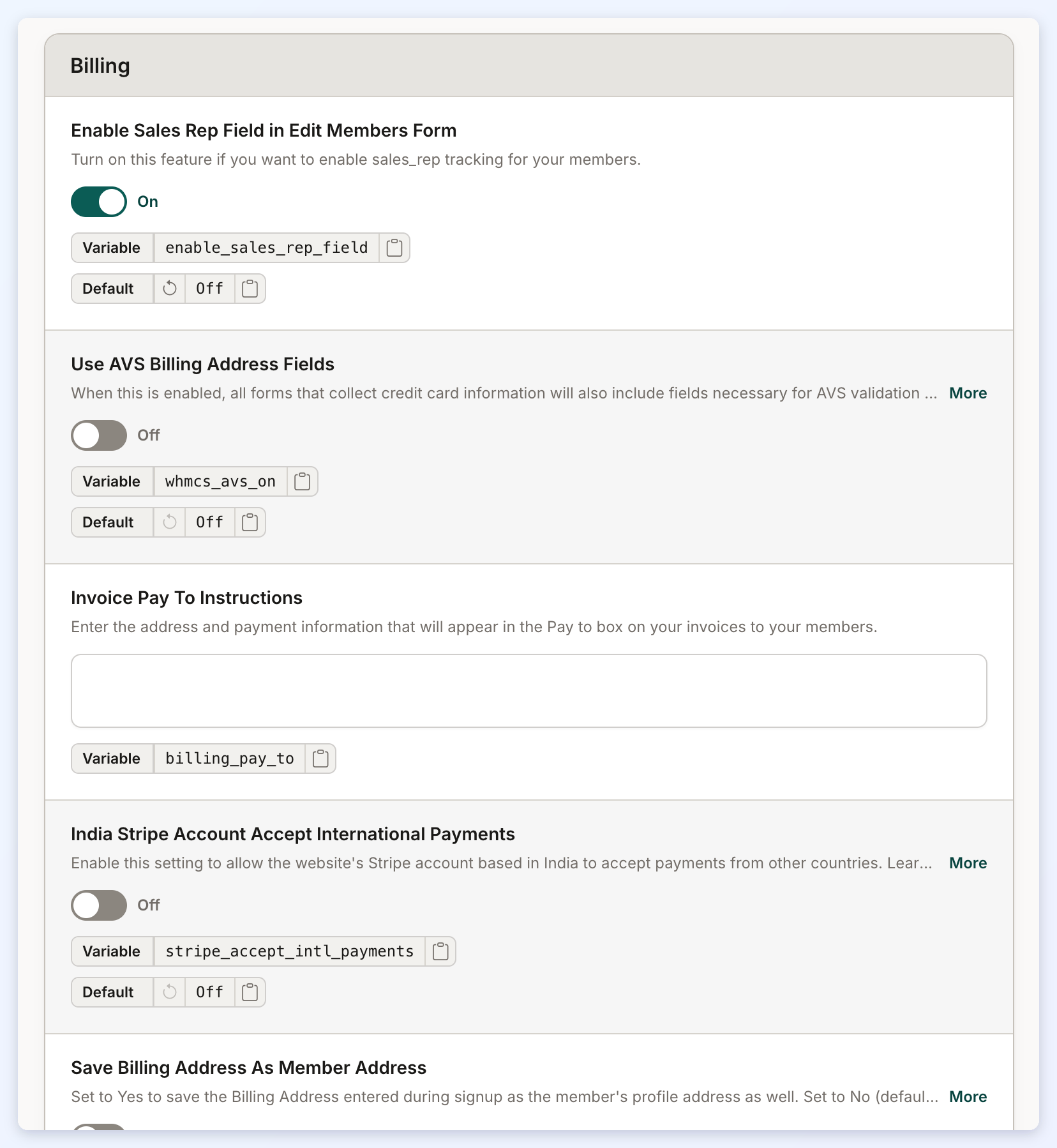 The top of the Billing section of the Sign Ups & Billing tab.