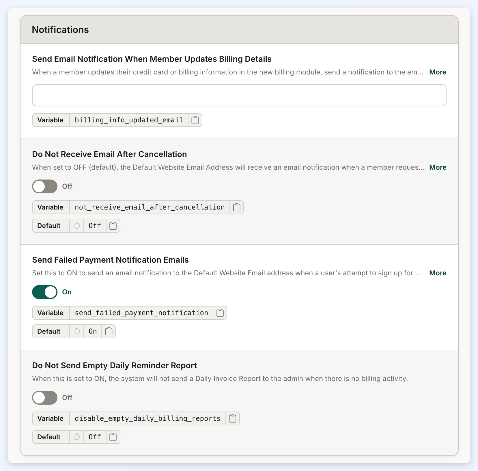 The top of the Notifications section of the Sign Ups & Billing tab.