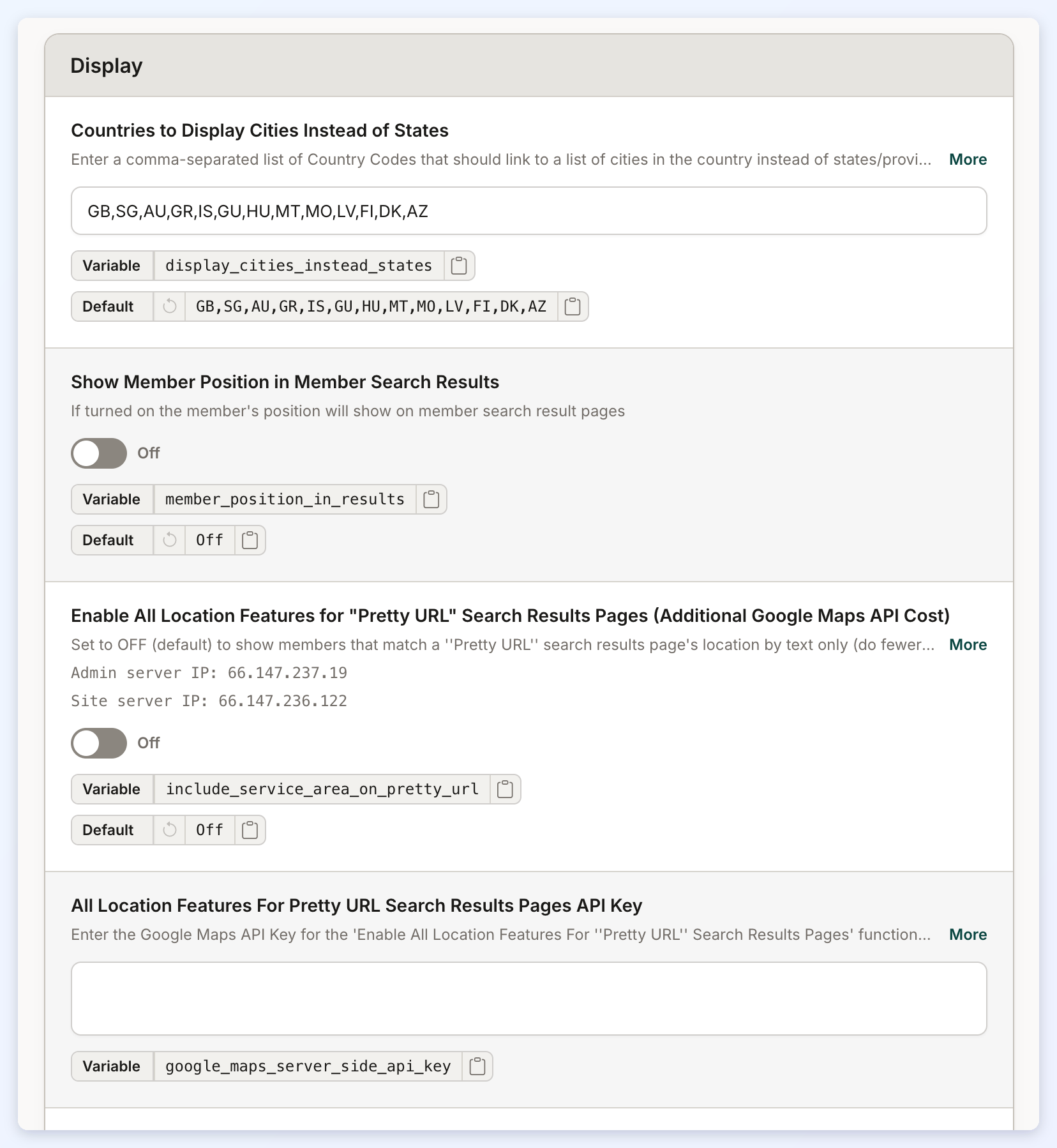 The top of the Display section of the Search tab.