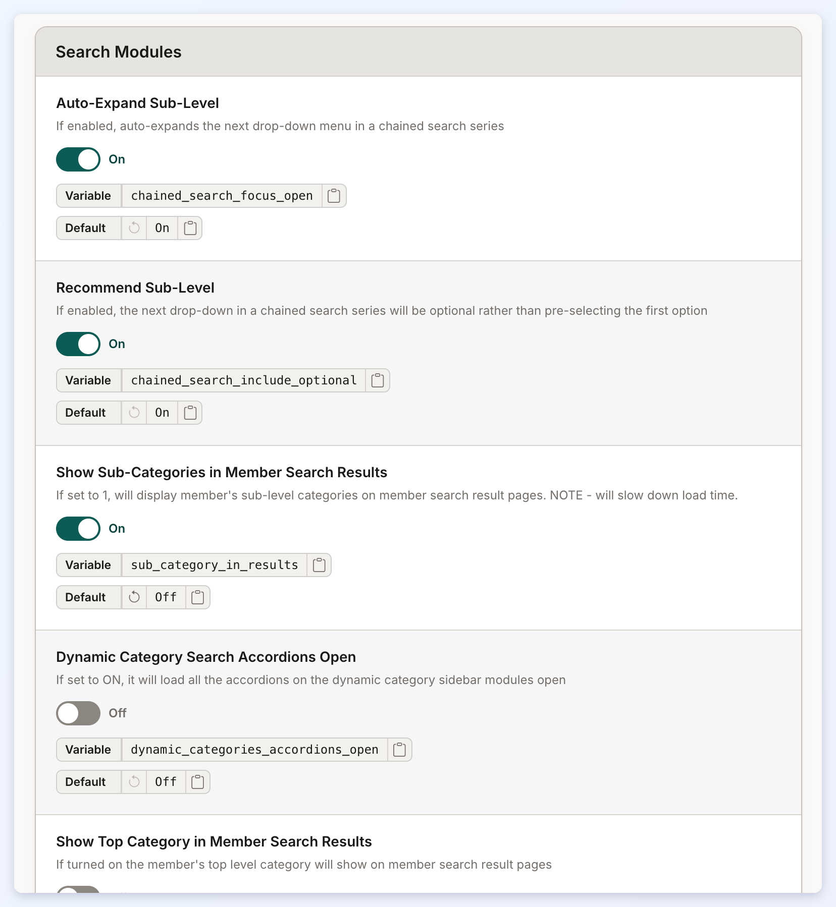 The top of the Search Modules section.