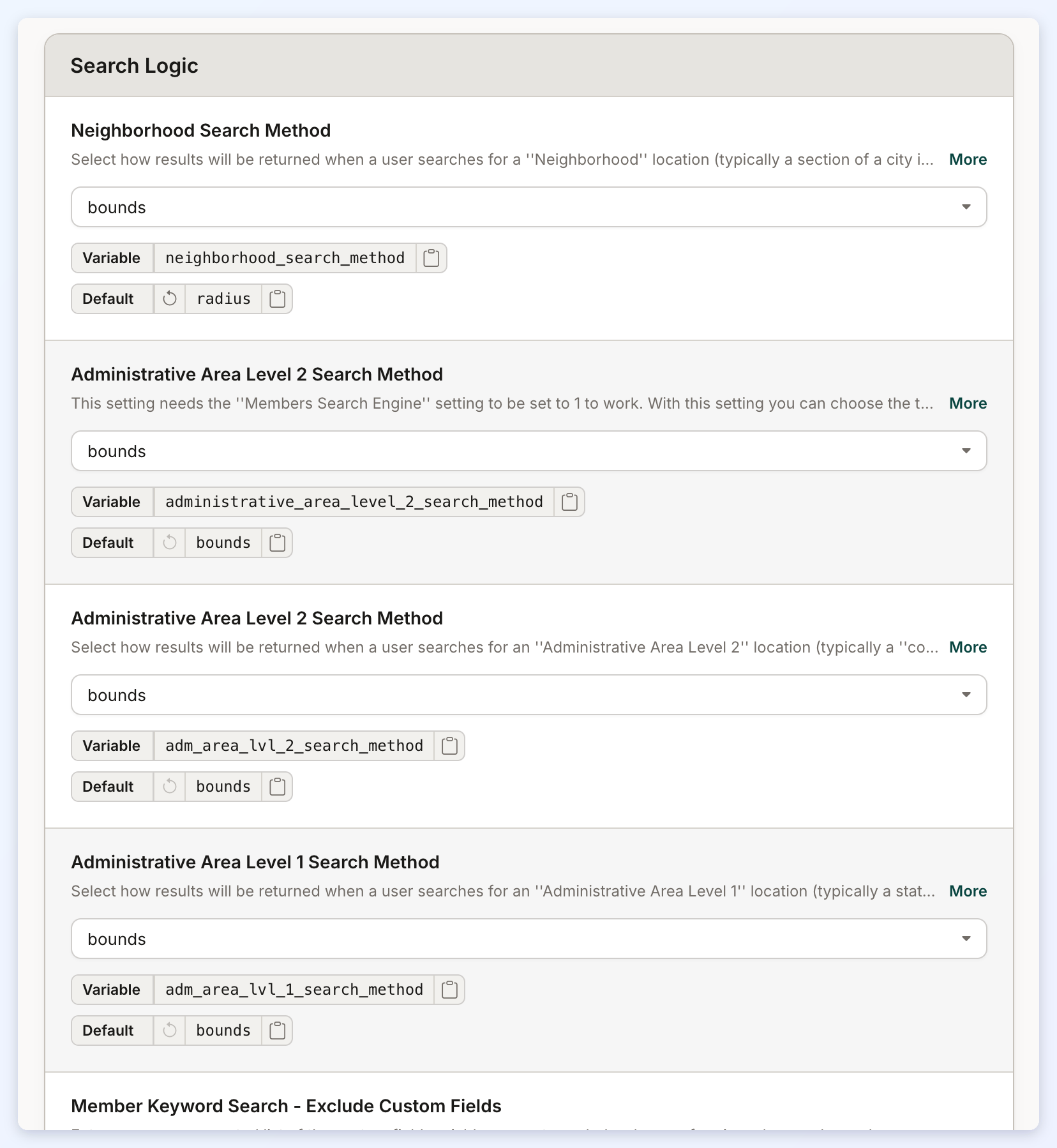 The top of the Search Logic section, starting with Neighborhood Search Method.