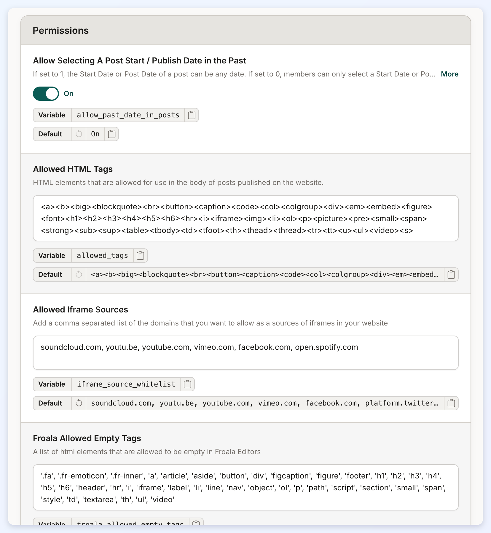 The top of the Permissions section of the Text Editor tab, starting with Allow Selecting A Post Start / Publish Date in the Past.
