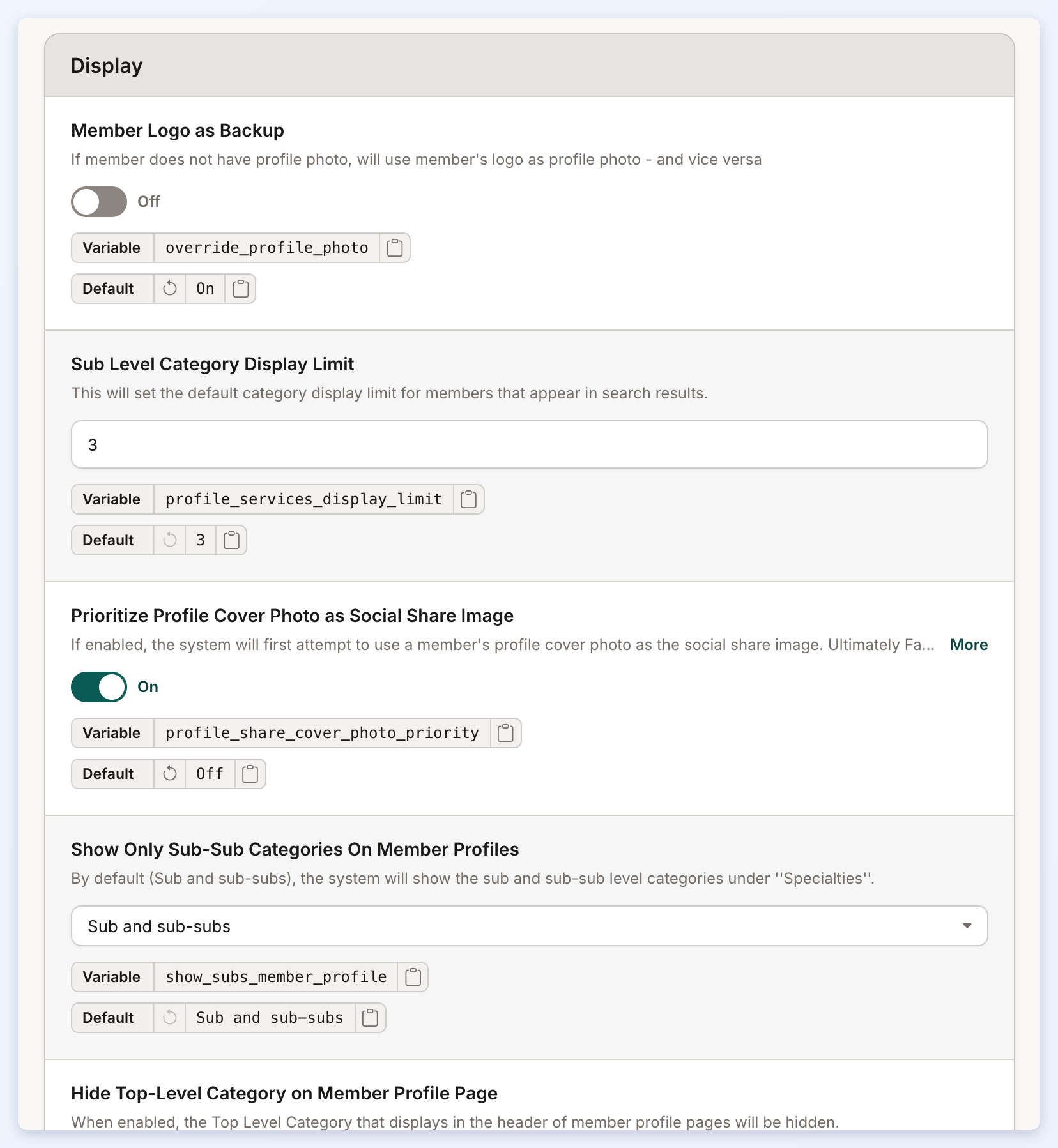 The top of the Display section of the Members tab, starting with Member Logo as Backup.