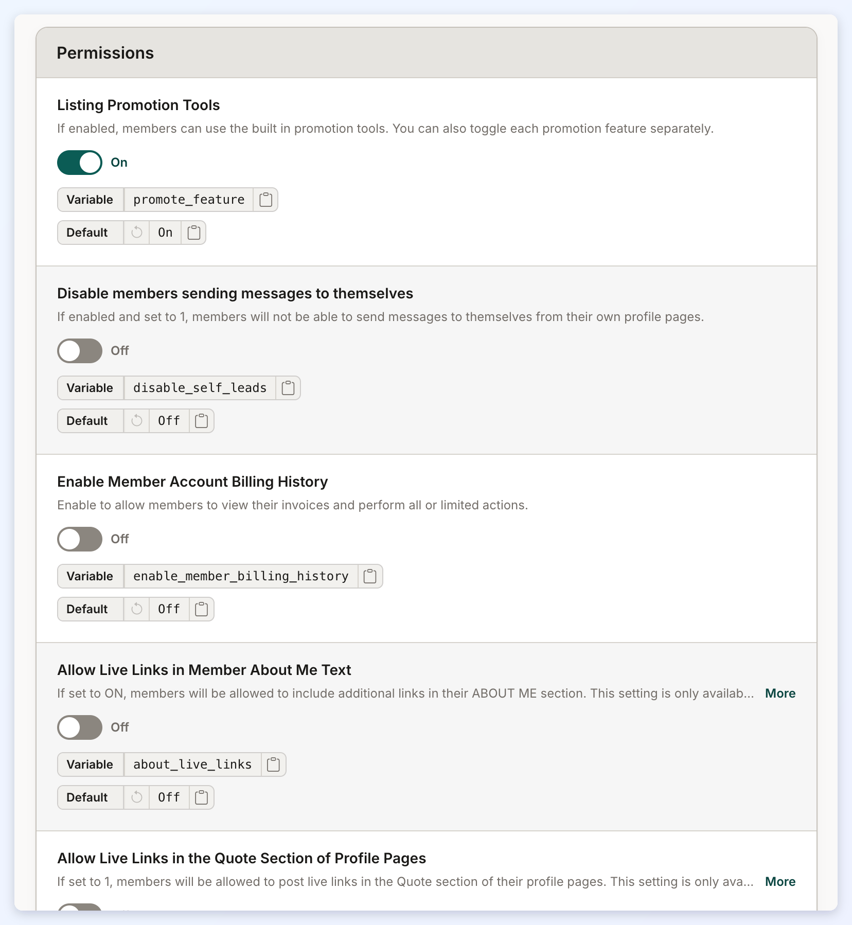 The top of the Permissions section of the Members tab, starting with Listing Promotion Tools.
