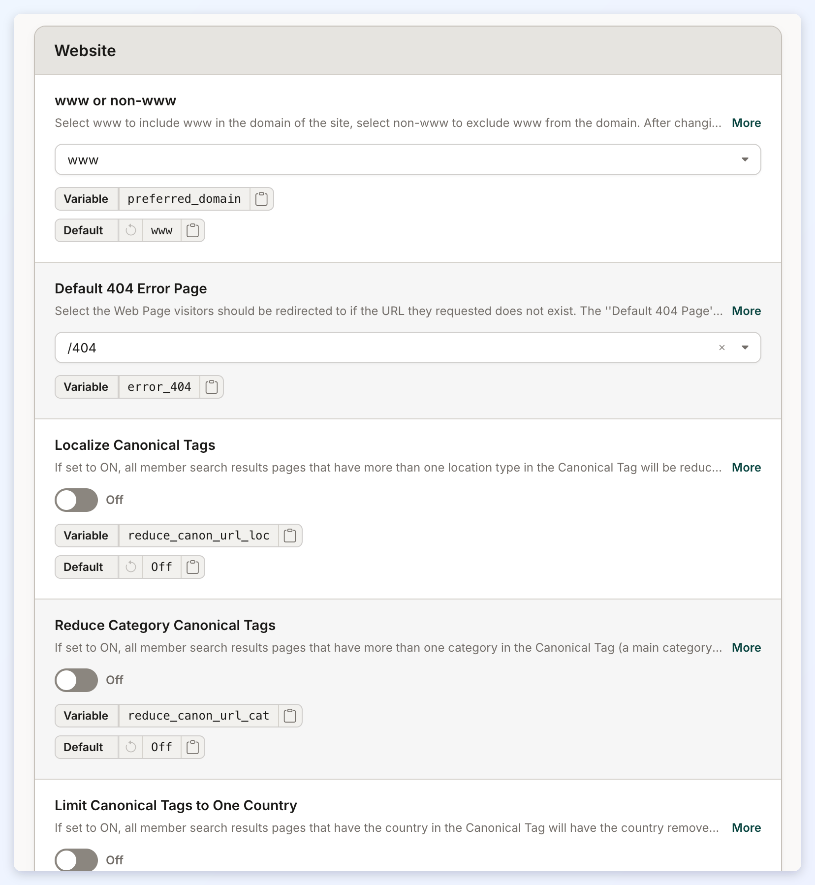 The top of the Website section of URL Rules, starting with www or non-www and Default 404 Error Page.