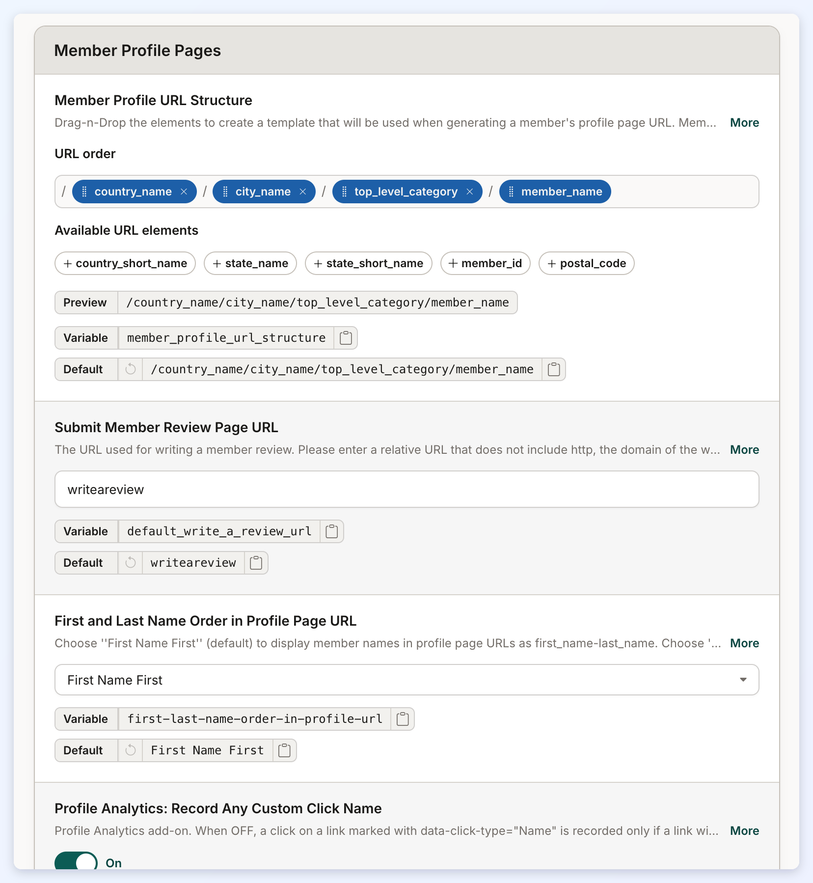 The top of the Member Profile Pages section, showing the Member Profile URL Structure order builder.