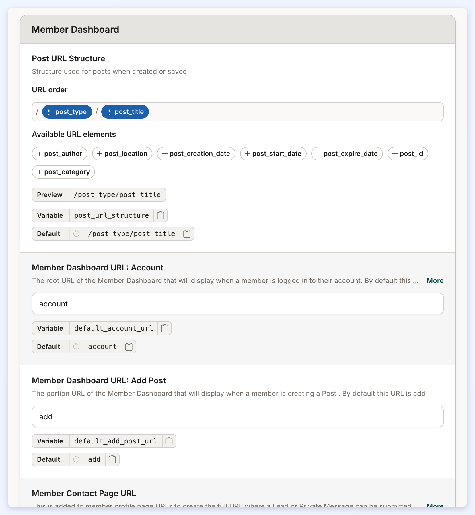 The top of the Member Dashboard section of URL Rules, starting with Post URL Structure.