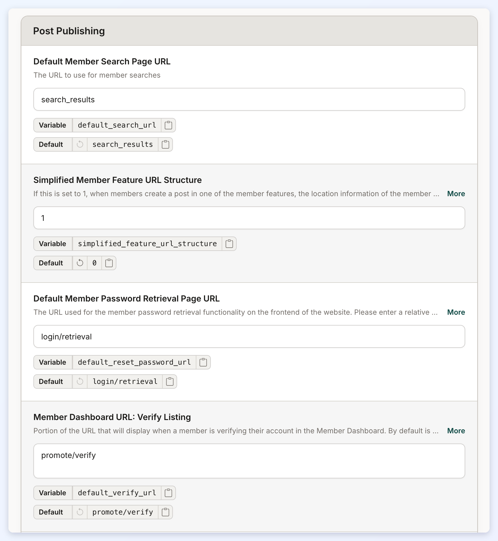 The top of the Post Publishing section of URL Rules, starting with Default Member Search Page URL.
