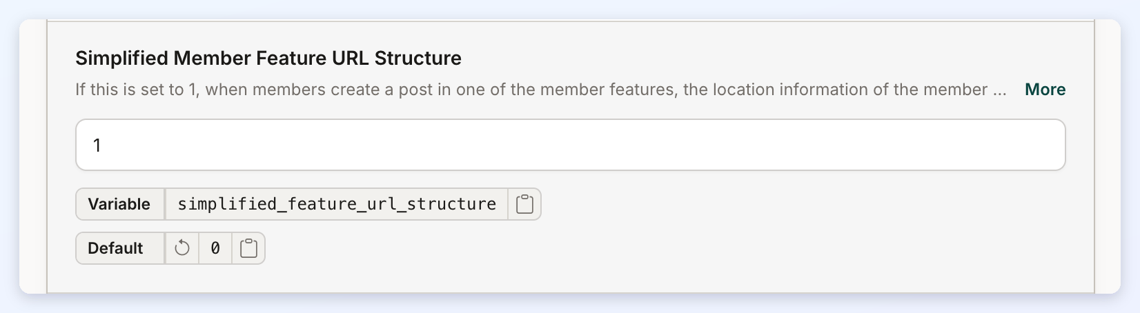 The Simplified Member Feature URL Structure setting with its value field and Variable and Default chips.