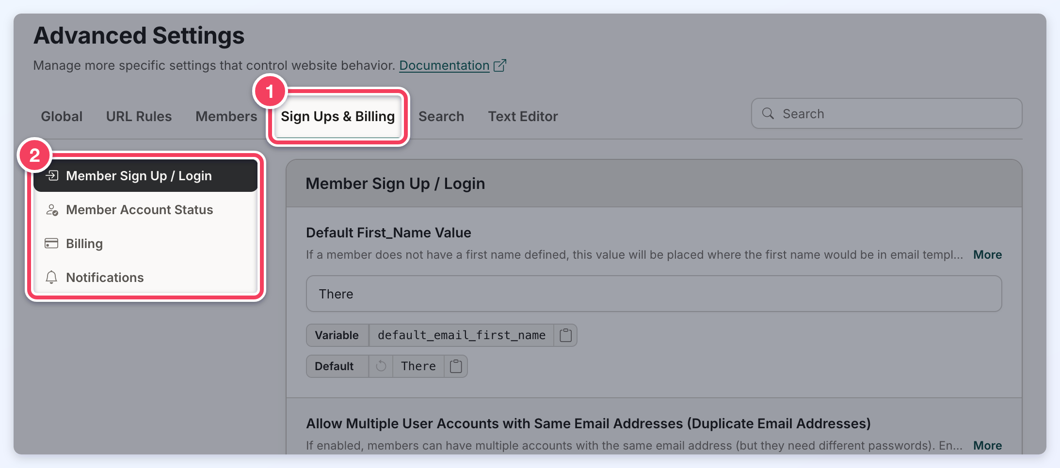 The Sign Ups & Billing tab selected (1) with its sections Member Sign Up / Login, Member Account Status, Billing and Notifications (2).