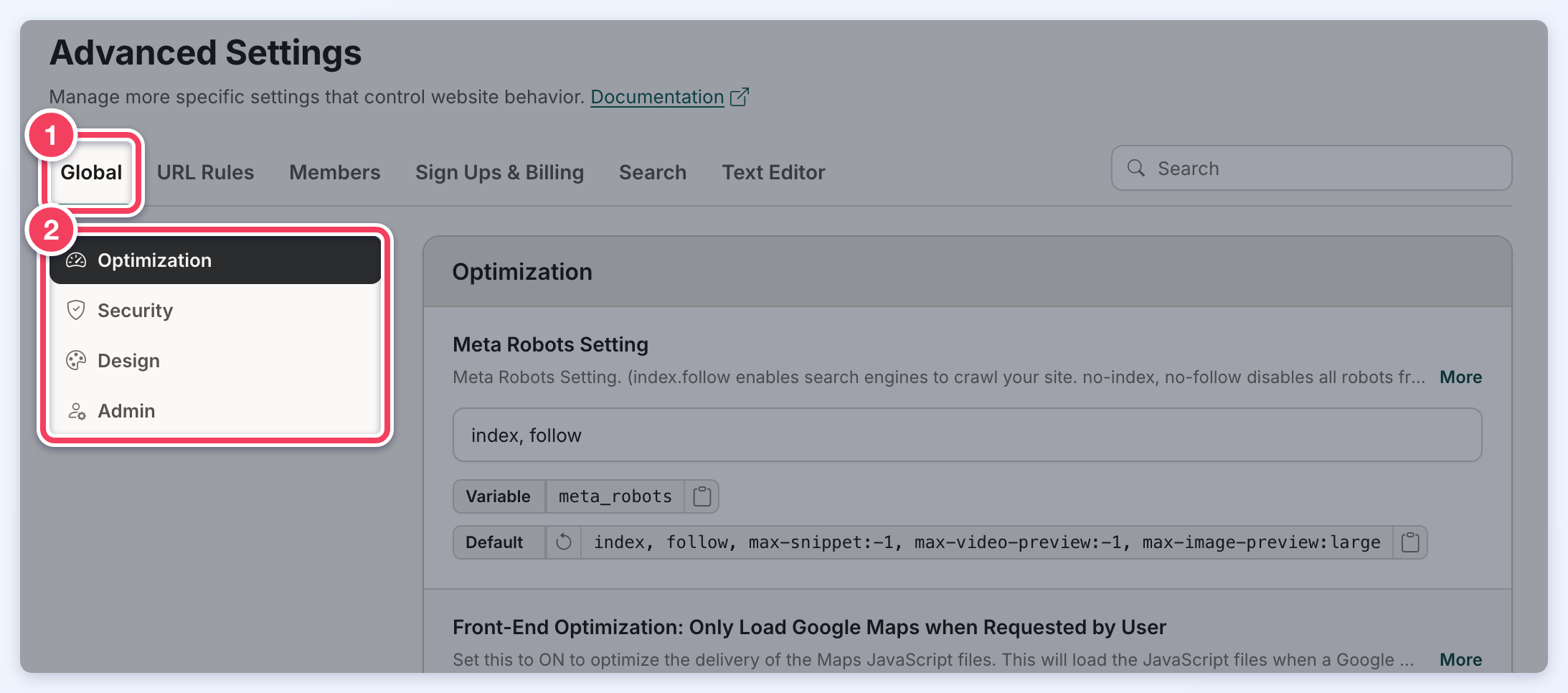 The Global tab selected (1) with its sections Optimization, Security, Design and Admin in the section list (2).