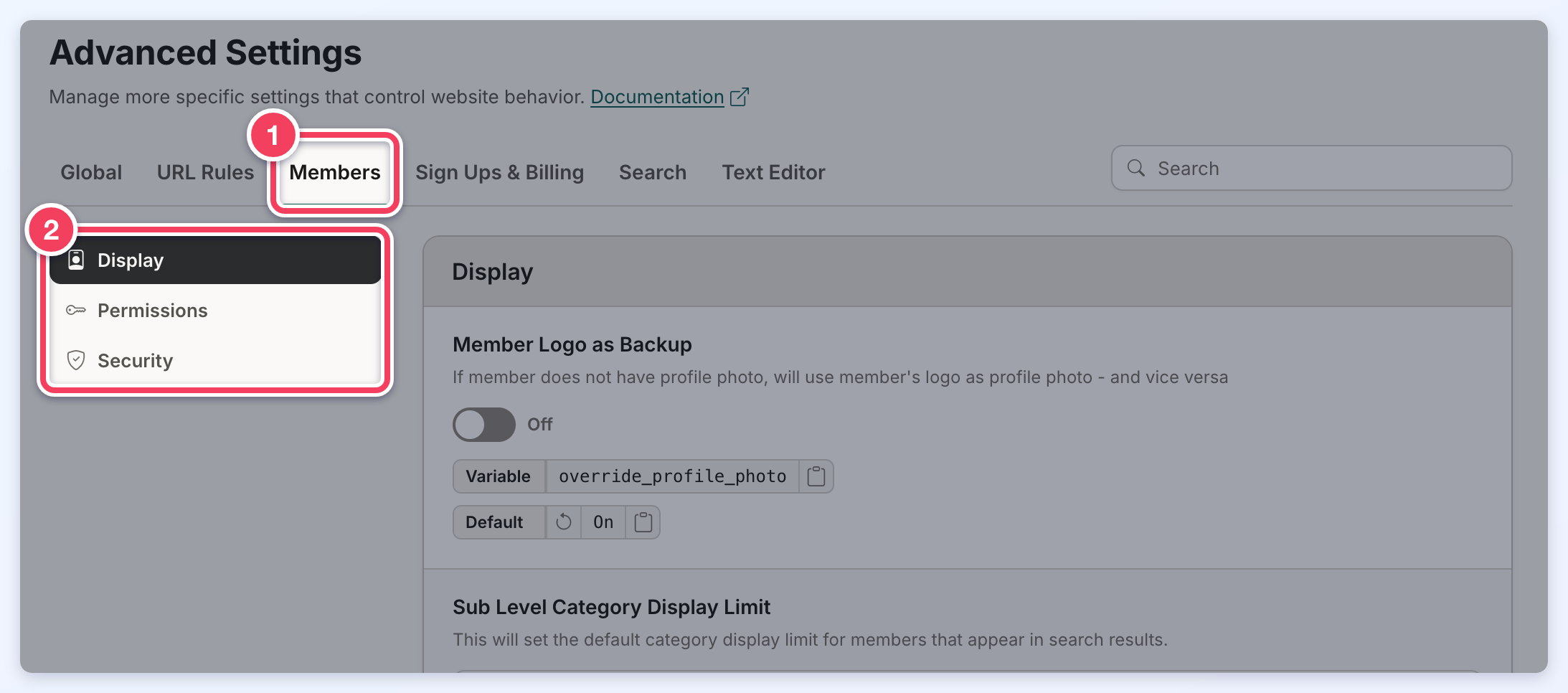 The Members tab selected (1) with its sections Display, Permissions and Security (2).