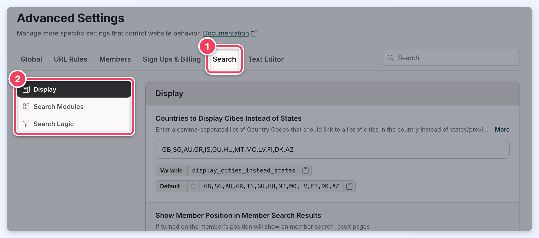 The Search tab selected (1) with its sections Display, Search Modules and Search Logic (2).