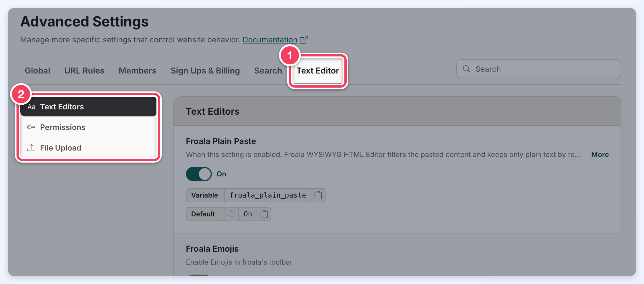 The Text Editor tab selected (1) with its sections Text Editors, Permissions and File Upload (2).