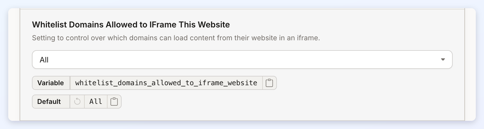 The Whitelist Domains Allowed to IFrame This Website setting set to All.