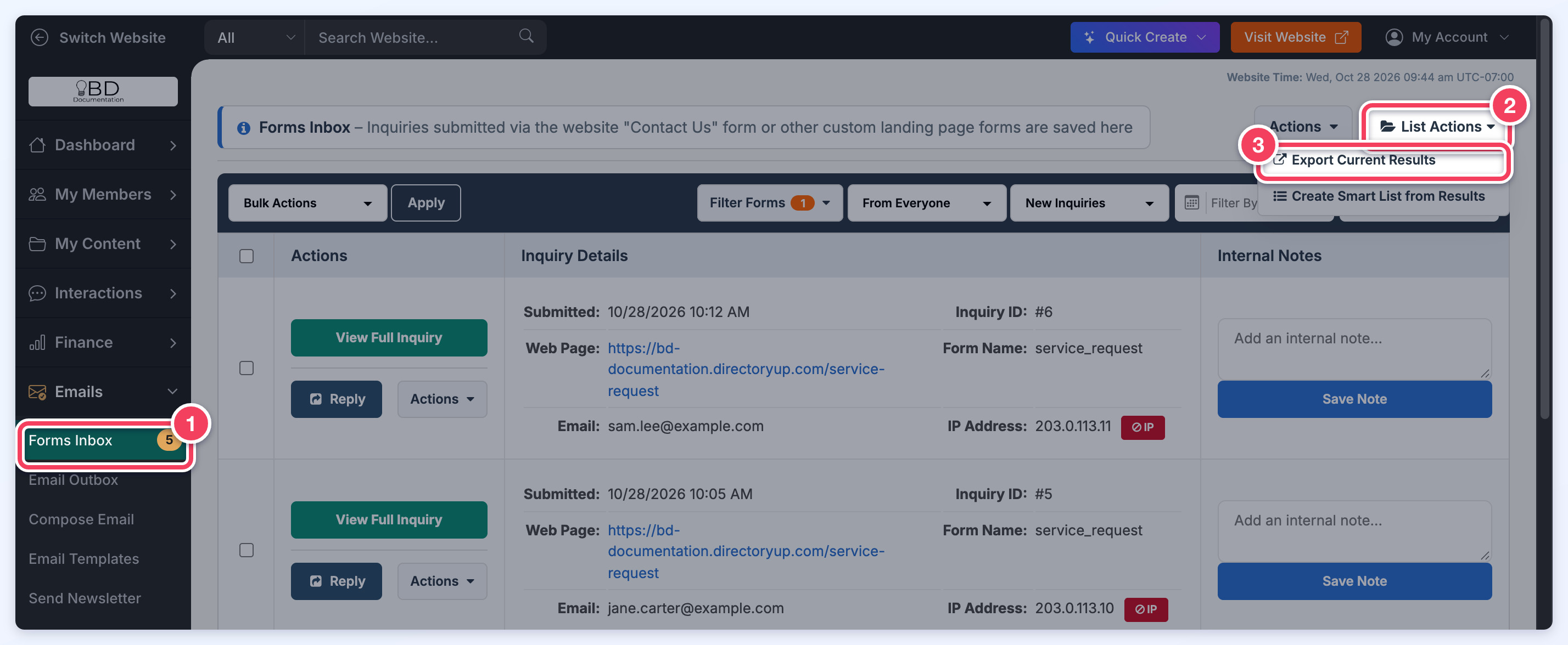 The Forms Inbox with Forms Inbox marked in the Emails menu, List Actions opened and Export Current Results marked.